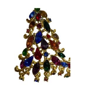 Vintage Christmas Tree Brooch Gold Tone Multi Color Rhinestone Gem‎ Holiday Pin